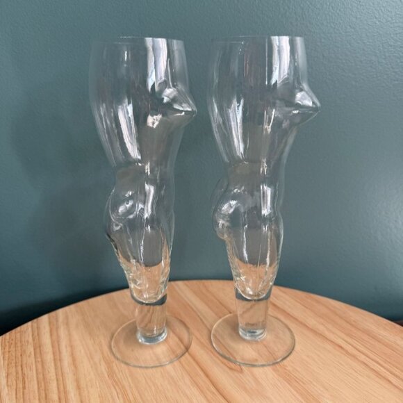Vtg Clear Nude Nudies Female Torso Champagne Flutes Set Of 2 7 oz Clear - Picture 4 of 10